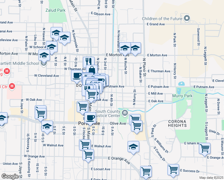map of restaurants, bars, coffee shops, grocery stores, and more near 164 East Mill Avenue in Porterville