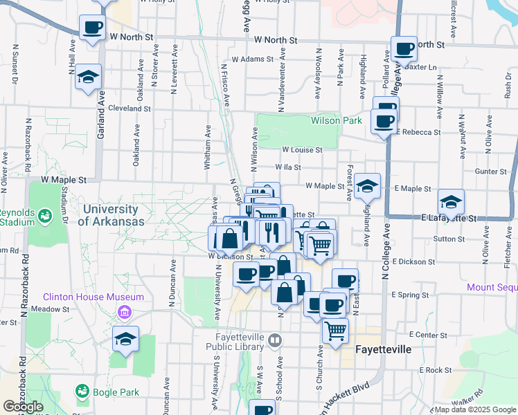 map of restaurants, bars, coffee shops, grocery stores, and more near 409 North West Avenue in Fayetteville