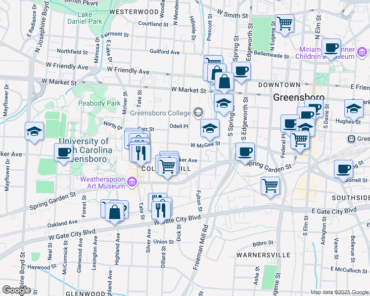map of restaurants, bars, coffee shops, grocery stores, and more near 1001 West McGee Street in Greensboro