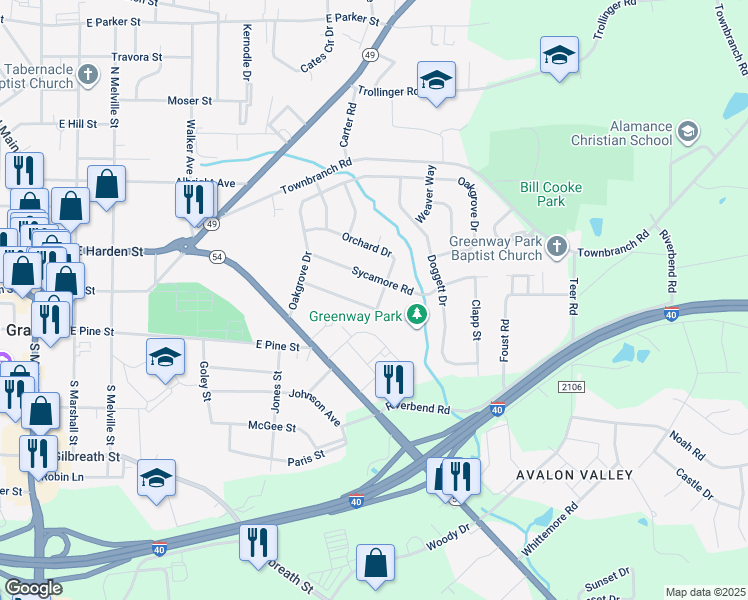 map of restaurants, bars, coffee shops, grocery stores, and more near 718 Brookgreen Terrace in Graham