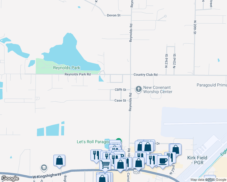 map of restaurants, bars, coffee shops, grocery stores, and more near 2808 Clifft Street in Paragould