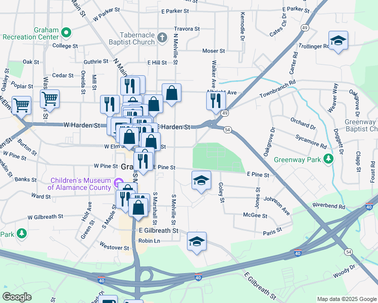 map of restaurants, bars, coffee shops, grocery stores, and more near 305 East Elm Street in Graham