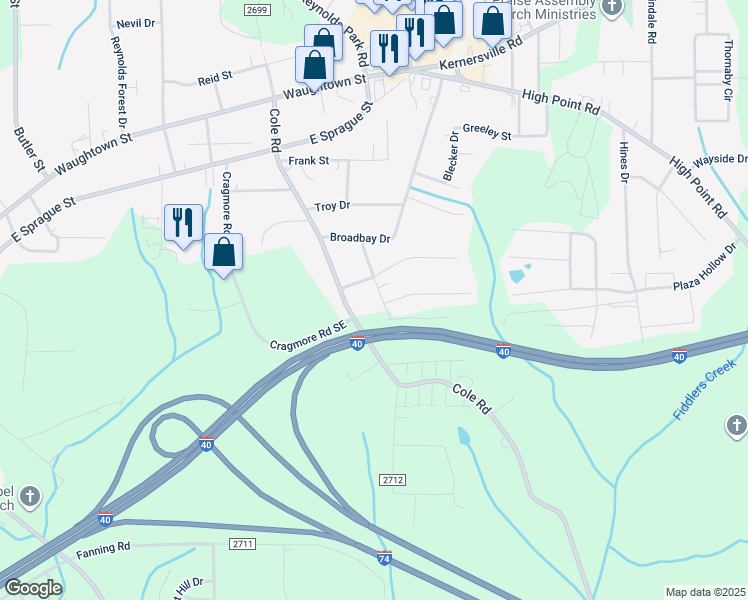map of restaurants, bars, coffee shops, grocery stores, and more near 2508 Gardenia Road in Winston-Salem
