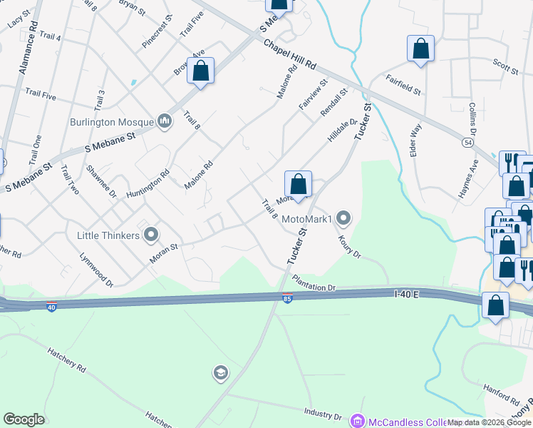 map of restaurants, bars, coffee shops, grocery stores, and more near 903 Trail 8 in Burlington