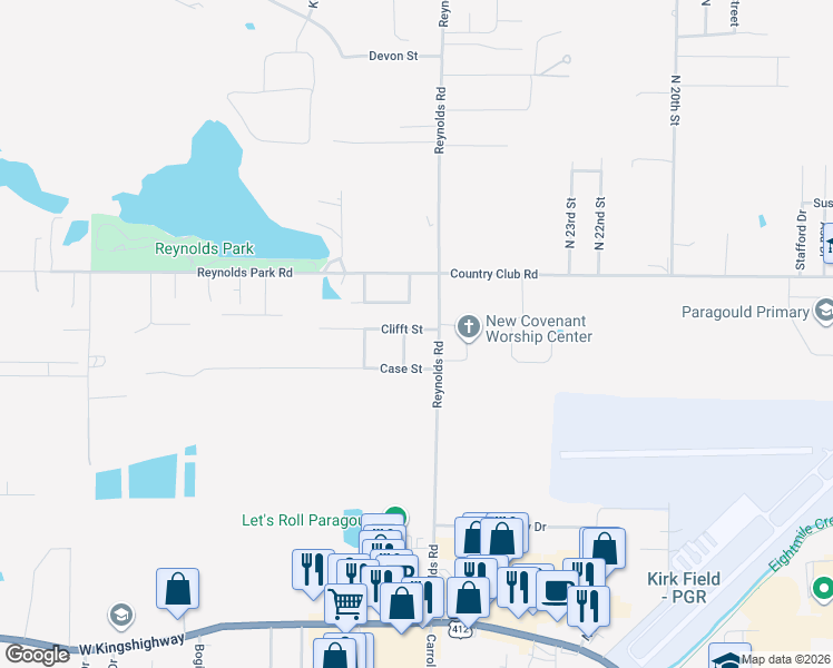 map of restaurants, bars, coffee shops, grocery stores, and more near 2700 Clifft Street in Paragould
