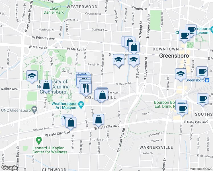 map of restaurants, bars, coffee shops, grocery stores, and more near 1009 West McGee Street in Greensboro