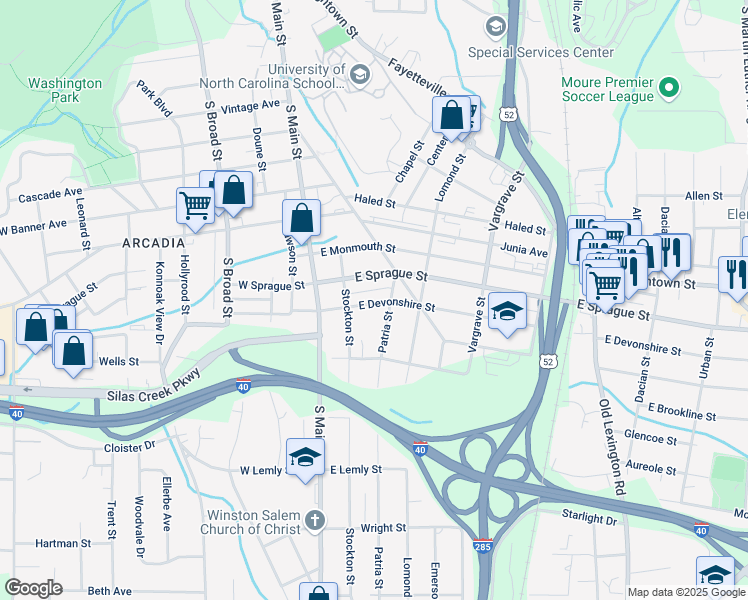 map of restaurants, bars, coffee shops, grocery stores, and more near 125 East Devonshire Street in Winston-Salem