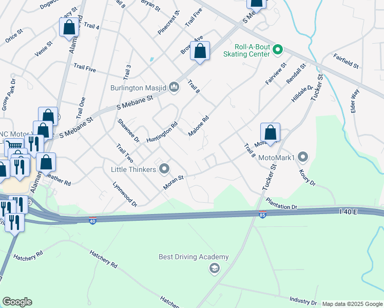 map of restaurants, bars, coffee shops, grocery stores, and more near 740 Huntington Court in Burlington