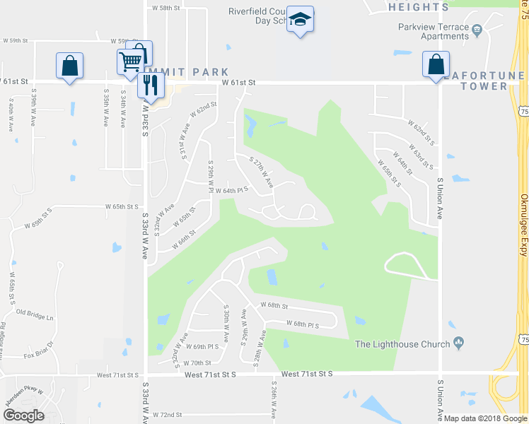 map of restaurants, bars, coffee shops, grocery stores, and more near 2718 West 65th Place in Tulsa