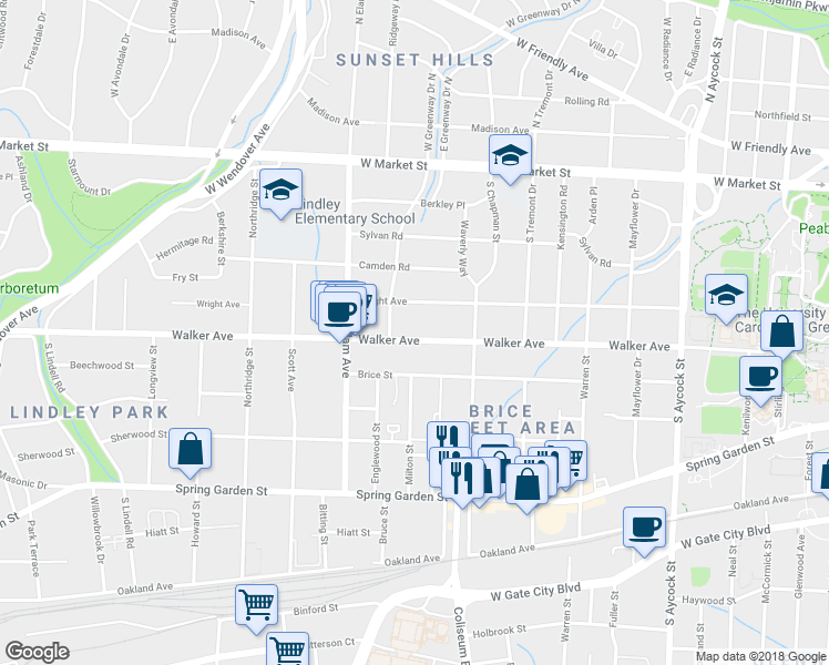 map of restaurants, bars, coffee shops, grocery stores, and more near 2026 Walker Avenue in Greensboro
