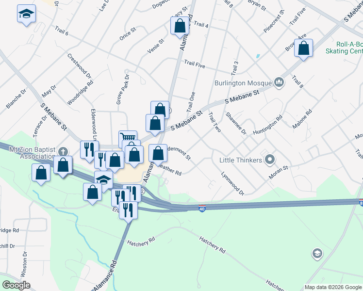 map of restaurants, bars, coffee shops, grocery stores, and more near 2575 Eldermont Street in Burlington