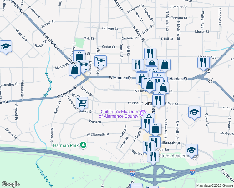 map of restaurants, bars, coffee shops, grocery stores, and more near 304 West Elm Street in Graham