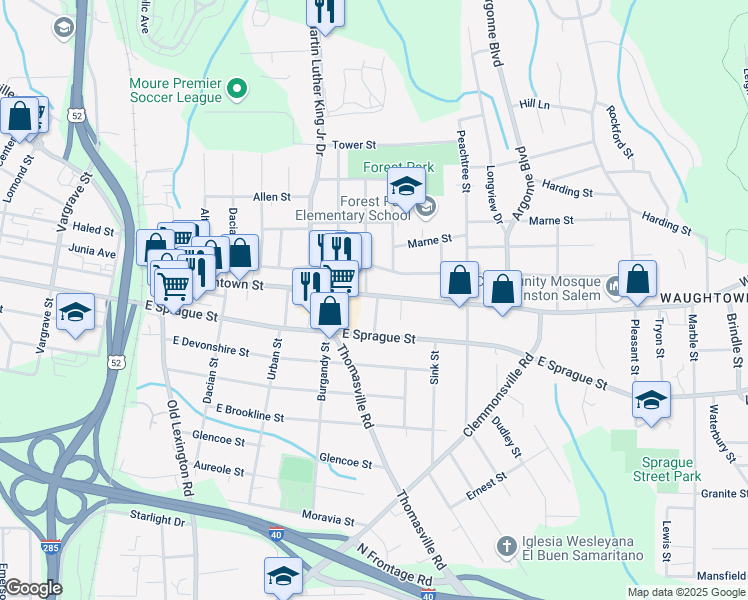 map of restaurants, bars, coffee shops, grocery stores, and more near 1024 Waughtown Street in Winston-Salem