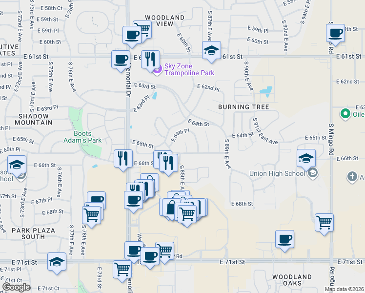 map of restaurants, bars, coffee shops, grocery stores, and more near 6414 South 86th East Avenue in Tulsa