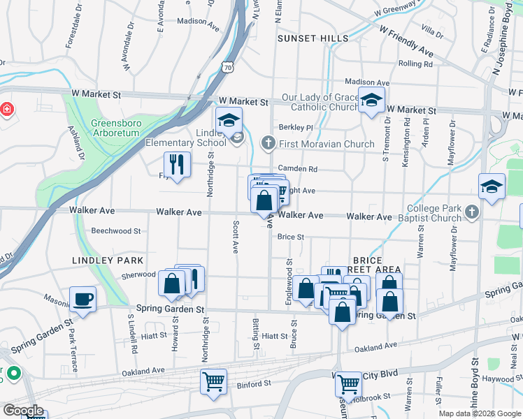 map of restaurants, bars, coffee shops, grocery stores, and more near 2206 Walker Avenue in Greensboro