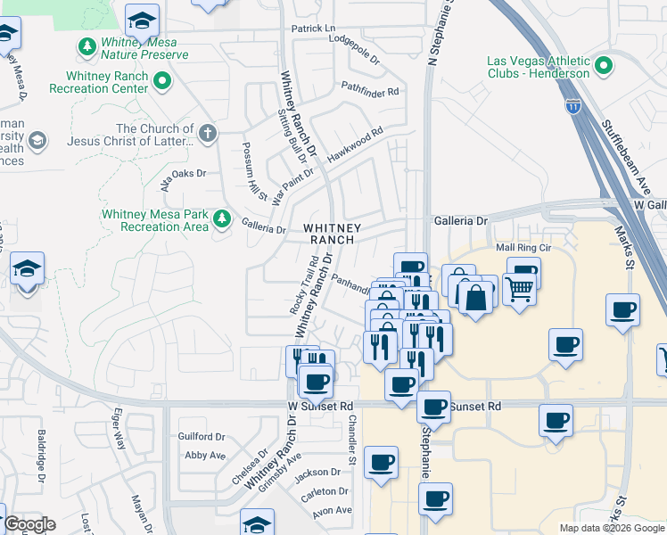 map of restaurants, bars, coffee shops, grocery stores, and more near 1448 Harmony Hill Drive in Henderson