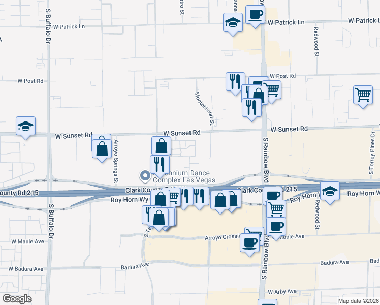 map of restaurants, bars, coffee shops, grocery stores, and more near 7255 West Sunset Road in Las Vegas