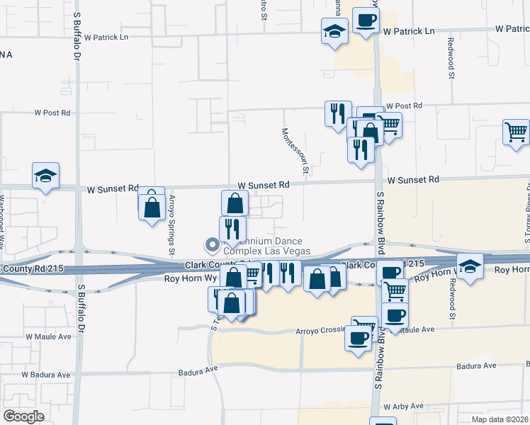 map of restaurants, bars, coffee shops, grocery stores, and more near 7255 West Sunset Road in Las Vegas