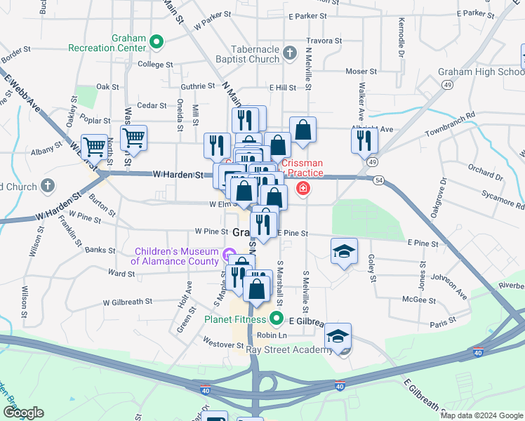 map of restaurants, bars, coffee shops, grocery stores, and more near 17 Southeast Court Square in Graham