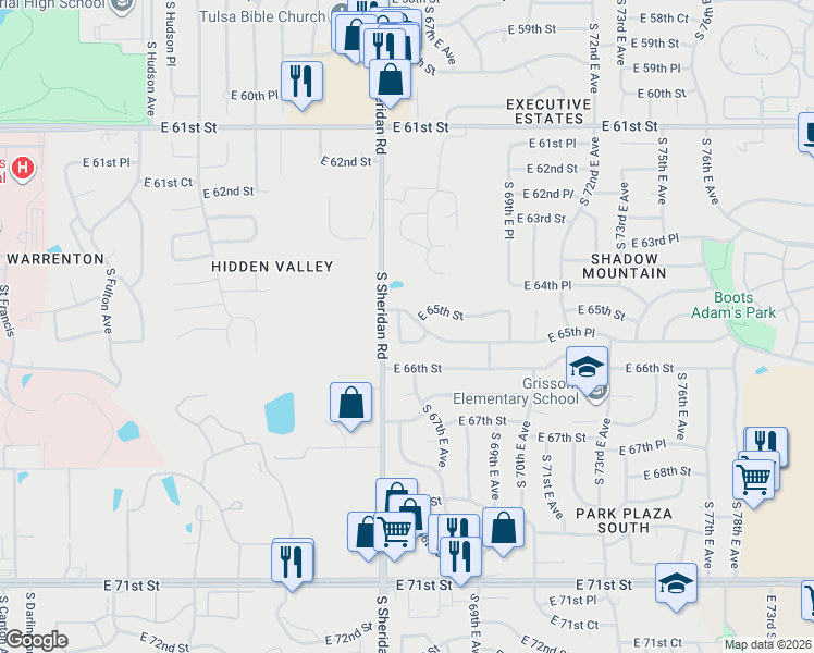map of restaurants, bars, coffee shops, grocery stores, and more near 6512 South 66th East Avenue in Tulsa