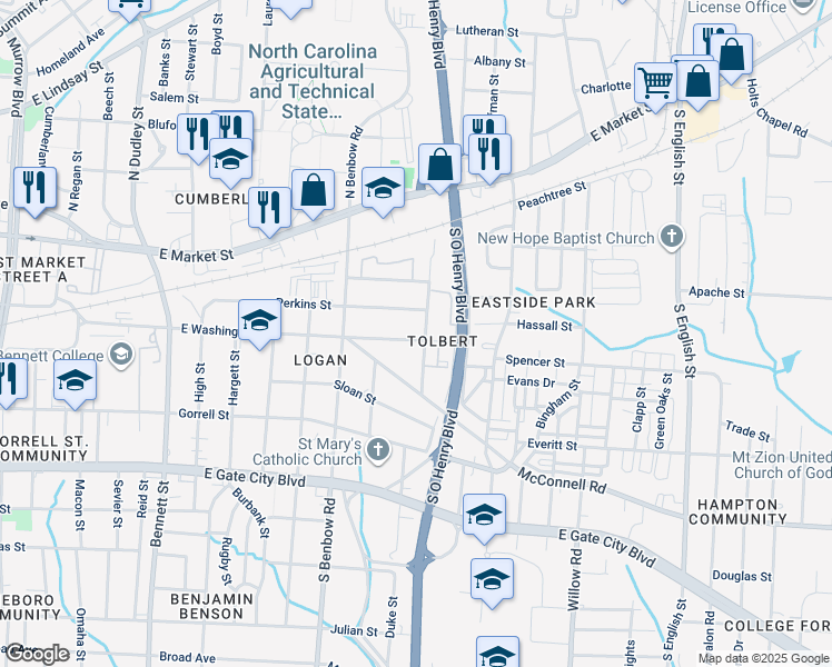 map of restaurants, bars, coffee shops, grocery stores, and more near 1431 East Washington Street in Greensboro