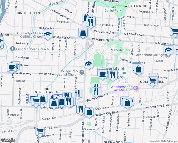 map of restaurants, bars, coffee shops, grocery stores, and more near 1510 Walker Avenue in Greensboro
