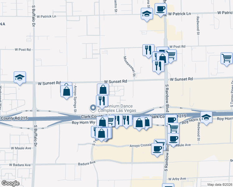 map of restaurants, bars, coffee shops, grocery stores, and more near 7255 West Sunset Road in Las Vegas