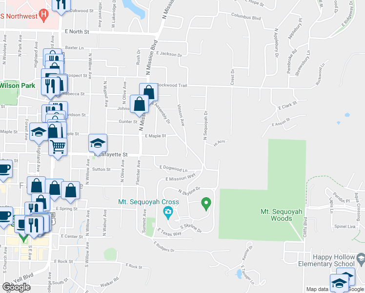 map of restaurants, bars, coffee shops, grocery stores, and more near 435 North Andrew Avenue in Fayetteville