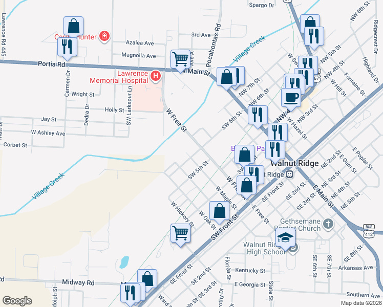 map of restaurants, bars, coffee shops, grocery stores, and more near 600 West Maple Street in Walnut Ridge
