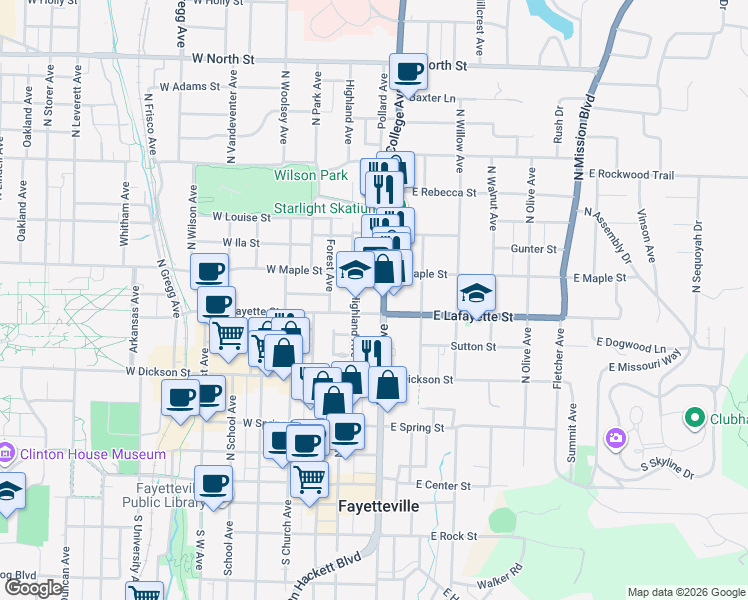 map of restaurants, bars, coffee shops, grocery stores, and more near 405 North College Avenue in Fayetteville