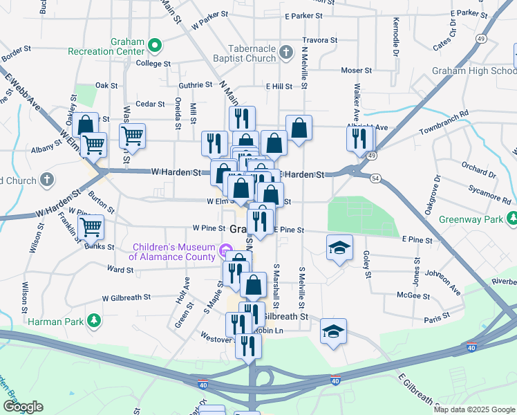 map of restaurants, bars, coffee shops, grocery stores, and more near 17 Southeast Court Square in Graham