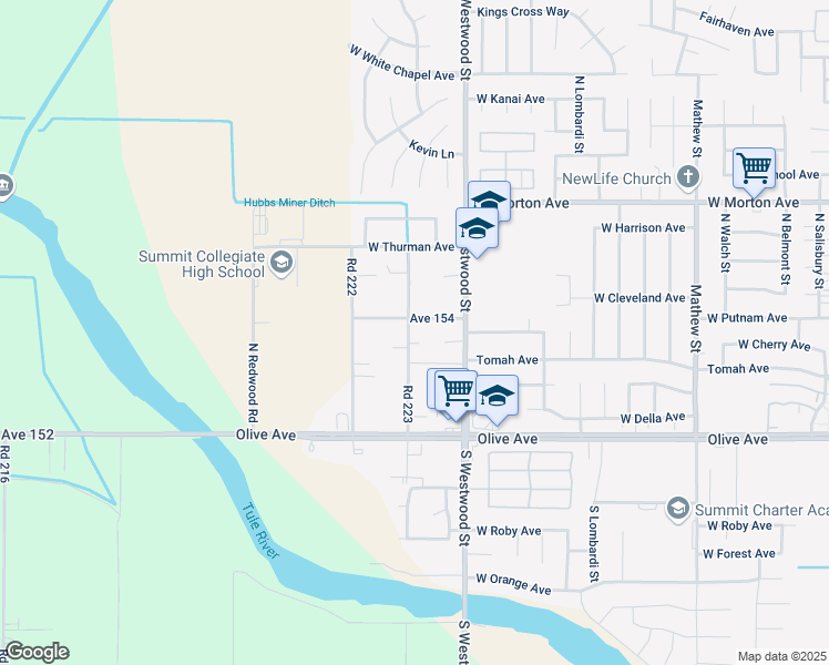 map of restaurants, bars, coffee shops, grocery stores, and more near 15386 Road 223 in Porterville