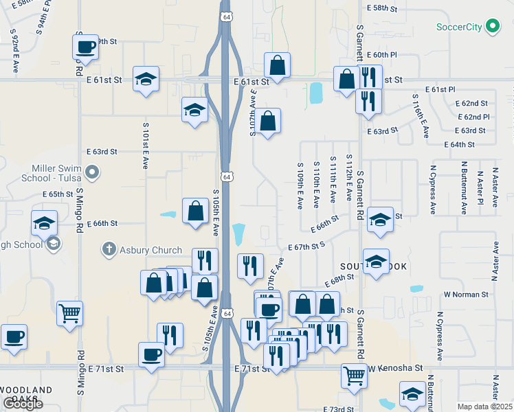 map of restaurants, bars, coffee shops, grocery stores, and more near 6508 South 106th East Place in Tulsa