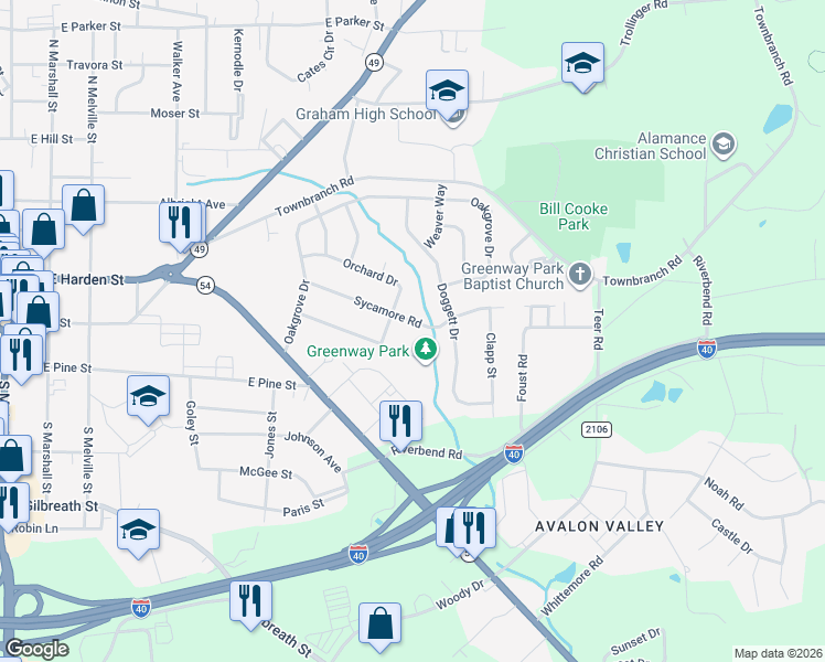map of restaurants, bars, coffee shops, grocery stores, and more near 805 Sycamore Rd in Graham