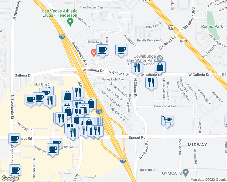 map of restaurants, bars, coffee shops, grocery stores, and more near 758 Crest Valley Place in Henderson