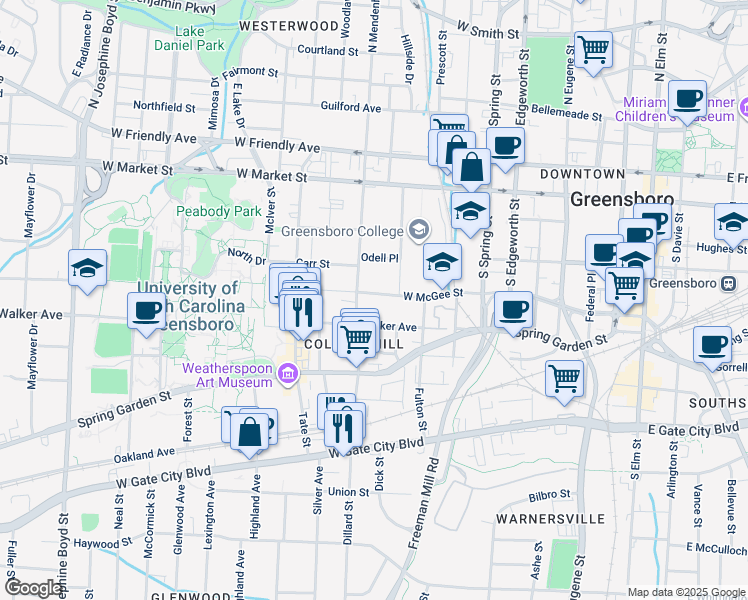 map of restaurants, bars, coffee shops, grocery stores, and more near 1009 West McGee Street in Greensboro