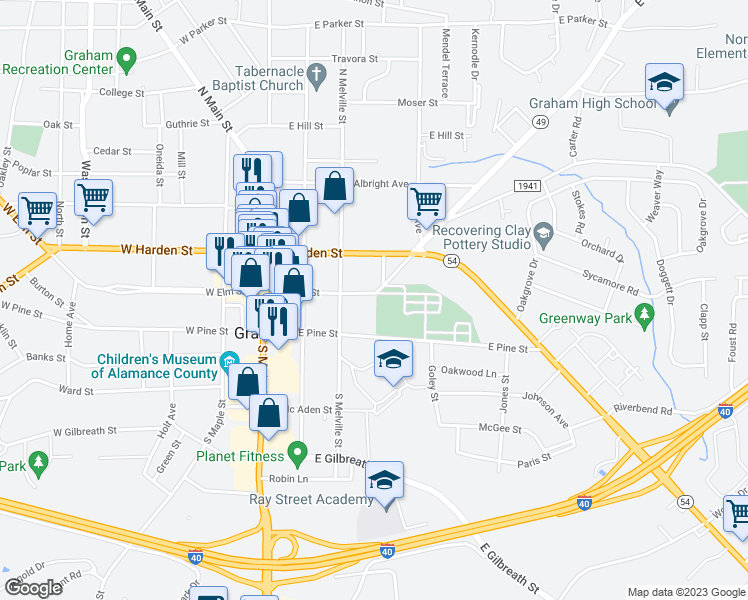 map of restaurants, bars, coffee shops, grocery stores, and more near 319 East Elm Street in Graham