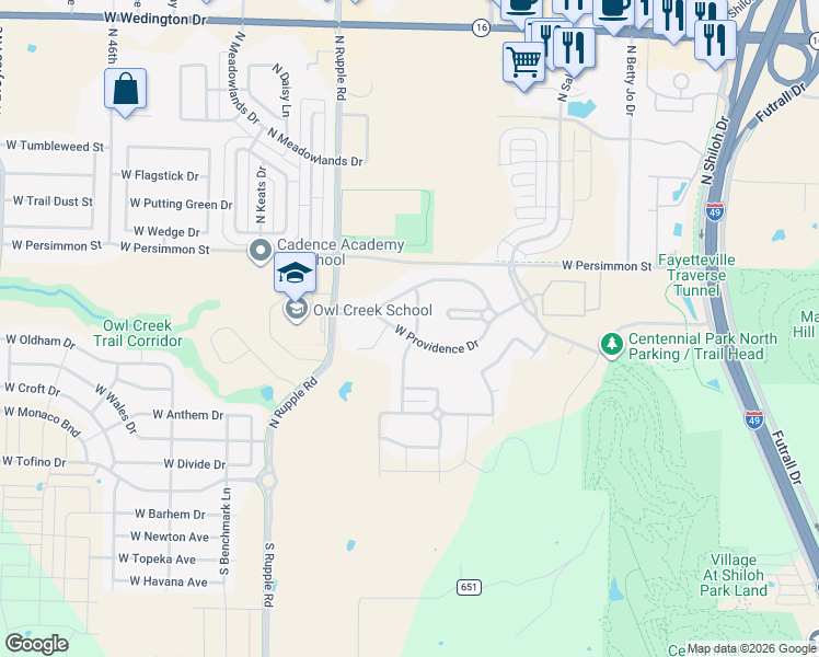 map of restaurants, bars, coffee shops, grocery stores, and more near 373 North Powderhorn Drive in Fayetteville