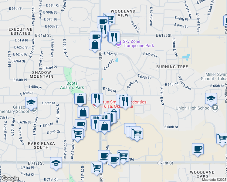 map of restaurants, bars, coffee shops, grocery stores, and more near 8219 East 65th Street in Tulsa