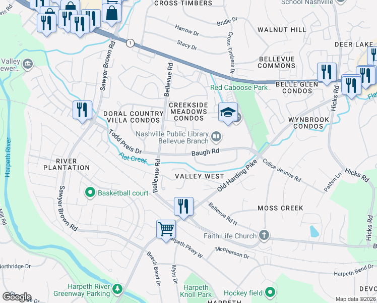map of restaurants, bars, coffee shops, grocery stores, and more near 736 Baugh Road in Nashville