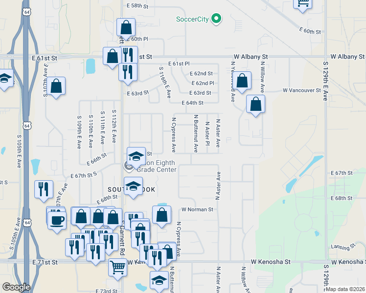 map of restaurants, bars, coffee shops, grocery stores, and more near 1710 East 121th Street in Broken Arrow