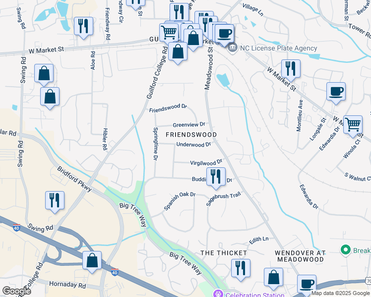 map of restaurants, bars, coffee shops, grocery stores, and more near 5617 Underwood Drive in Greensboro