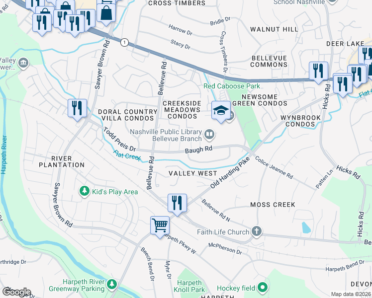 map of restaurants, bars, coffee shops, grocery stores, and more near 736 Baugh Road in Nashville