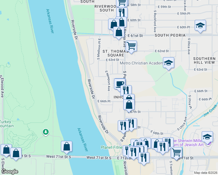 map of restaurants, bars, coffee shops, grocery stores, and more near 6443 South Newport Avenue in Tulsa