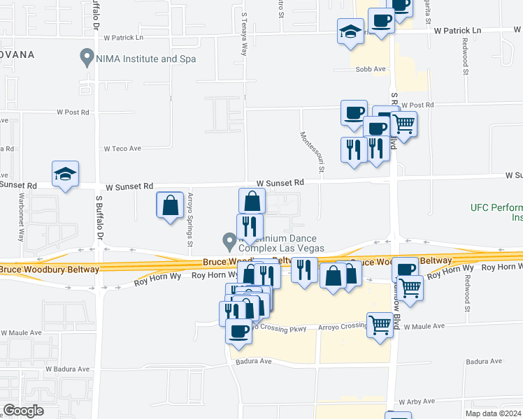 map of restaurants, bars, coffee shops, grocery stores, and more near 7255 West Sunset Road in Las Vegas