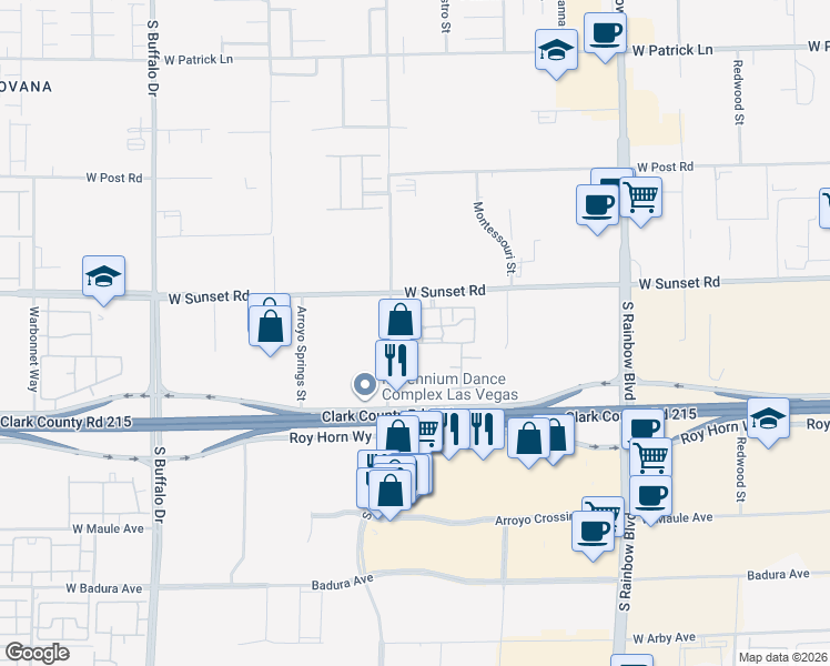 map of restaurants, bars, coffee shops, grocery stores, and more near 7255 West Sunset Road in Las Vegas