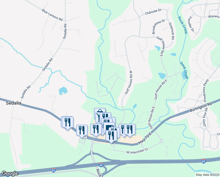 map of restaurants, bars, coffee shops, grocery stores, and more near 832 Creek Crossing Trail in Whitsett