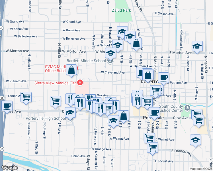 map of restaurants, bars, coffee shops, grocery stores, and more near 301 West Putnam Avenue in Porterville