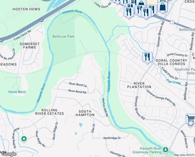 map of restaurants, bars, coffee shops, grocery stores, and more near 7340 River Bend Road in Nashville