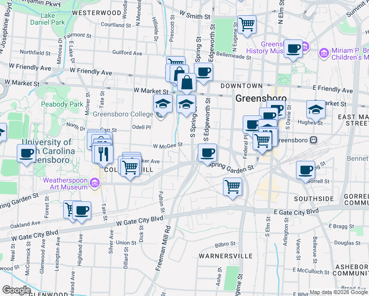 map of restaurants, bars, coffee shops, grocery stores, and more near 709 West McGee Street in Greensboro